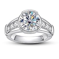 Moissanite Engagement Ring 3 CT Half Bezel Set Ring Round Cut D Color Lab Created Diamond in 18K White Gold Plated 925 Sterling Silver Wedding Band Anniversary Promise Ring for Women Men