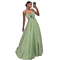 Women's Sleeveless Evening Dresses with Beads Straps A Line Party Dress Bow Satin Formal Evening Gown