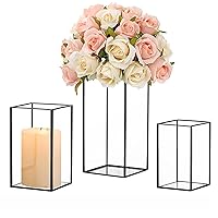 Hewory Glass Hurricane Candle Holder Set of 3, Black Large Hurricane Centerpiece for Table, Tall Floor Square Pillar Candle Holders Lantern Set for Wedding, Anniversary, Party, Fireplace, Dining Room