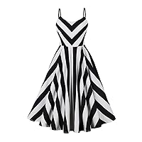 Women Sleeveless 1950s Retro Cocktail Dress Funny Zebra Stripes Audrey Swing Dress Spaghetti Straps A-Line Dresses