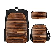 3-In-1 Backpack Bookbag Set,Wood Grain Print Casual Travel Backpacks,With Pencil Case Pouch, Lunch Bag
