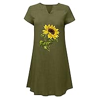 Womens Summer Cotton Linen Dresses Casual V Neck Short Sleeve Midi Dress Floral Embroidery Shirt Dress Plus Size S-5X