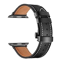 Watch Strap Genuine Leather Butterfly Buckle Replacement Band, Compatible with Apple Watch 38/40/42/44mm iwatch Series 4/3/2/1 (Black, 38mm)
