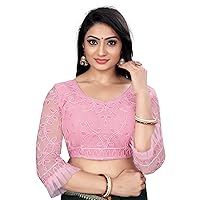 Aashita Creations Women's Readymade Embroidery Net Wedding Saree Free Size Blouse_Pink_1163