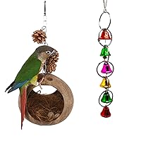 Coconut Shell Pet Bird Nest Hanging Coconut Bird House Natural Coconut Shell with Hanging Bells Toy Bird Chewing Toy for Parakeets Parrot Budgies Hamster Hideout
