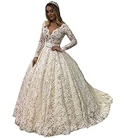 V Neck Bridal Ball Gowns Train Waistband Lace Wedding Dresses for Bride Long Sleeve