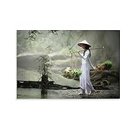 Scenery Poster Mural Canvas Art of Vietnamese Girl in Traditional Dress Carrying Basket Wall Art Paintings Canvas Wall Decor Home Decor Living Room Decor Aesthetic Prints 12x18inch(30x45cm) Unframe-s