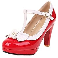 Women Cone Heel Mary Jane Shoes, High Heel Pumps Round Toe Buckle Party Shoes with Platform Bows Fashion, Size 2-12.5