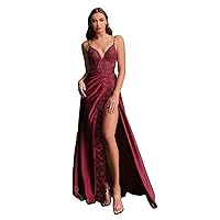 Women's Satin Appliques Prom Dresses with High Slit V Neck Mermaid Evening Gown Formal Party Dress