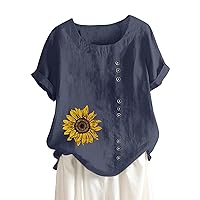Women Summer Linen Cotton Tshirt Tops Casual Loose Fit Trendy Dandelion Tunic Tee Short Sleeve Plus Size Button Blouse