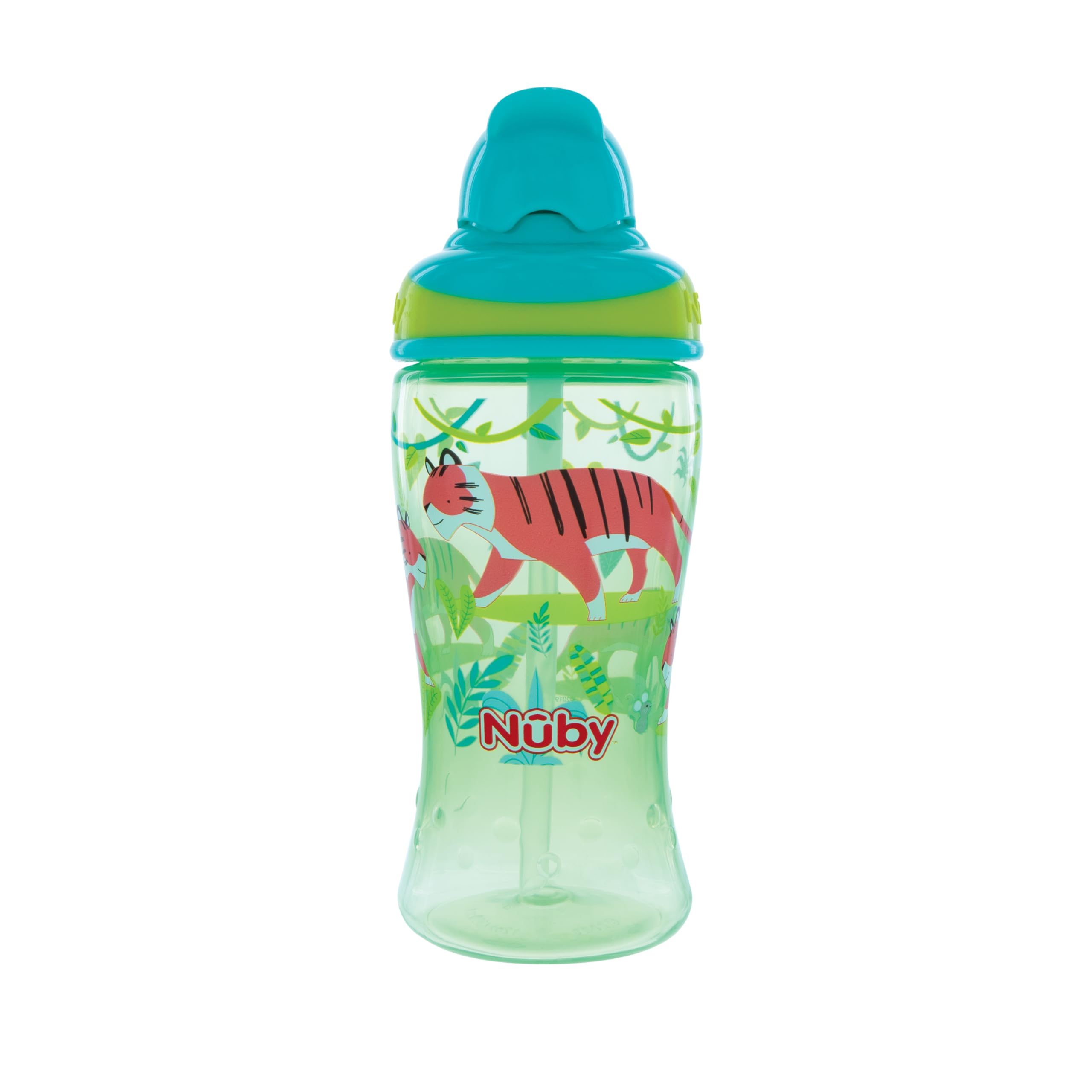 Nuby 2-Pack Thirsty Kids No-Spill Flip-it Printed Boost Cup with Thin Soft Straw - 12oz, 18+ Months, 2-Pack, Pink Fox & Green Tiger