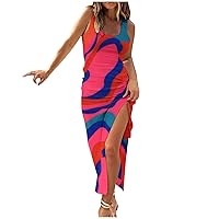 Lenago Elegant Dresses for Women, Drawstring Ruched Bodycon Ribbed Dress High Side Slit Scoop Neck Sleeveless Club Sundresses