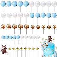 51 Pcs Bear Balls Cake Topper Mini Balloon Cake Topper Colorful Foam Pearl Ball Star Shaped Cake Toppers for Baby Shower Birthday Party Wedding Anniversary Cake Decorations(Blue, White, Gold)