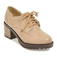 Women's Round Toe Lace Up Pump Oxfords Brogues Casual Platform Chunky Mid Heel Vintage Dress Shoes