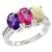 14K White Gold Natural Amethyst, Pink Topaz & Opal Ring 3-Stone 7x5 mm Oval Diamond Accent, Sizes 5-10
