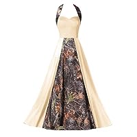 YINGJIABride Woman's A-line Satin with Camo Halter Bridal Party Dresses Wedding Guest Formal Dress Long