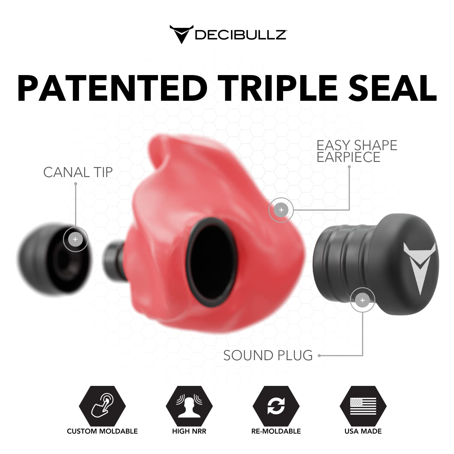 Decibullz - Custom Molded Earplugs, 31dB Highest NRR, Comfortable Hearing Protection for Shooting, Travel, Swimming, Work and Concerts (Red)