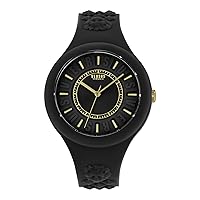 Versus Versace Fire Island Collection Luxury Womens Watch Timepiece with a Black Strap Featuring a Yellow Gold Case and Black Dial