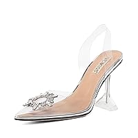 wetkiss Clear Heels Shoes for Women, Crystal Rhinestones Slingback Wedding Shoes Pointed Toe High Heel Sandals