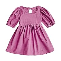 Toddler Girl's Print Ruffle Trim Round Neck Puff Sleeve Flared A Line Dress Cat Dress