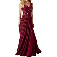 Women's V Neck Long Prom Dresses Beaded Appliques Formal Evening Gown