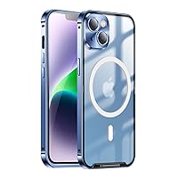 Magnetic Matte Case for iPhone 14 Clear Case Compatible with Magsafe Case with Camera Lens Protector Aluminum Alloy Bumper Translucent Hard Cover (Blue)