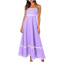 Women Summer Dresses Smocked Rickrack Trim Boho Maxi Dress Spaghetti Strap Sleeveless Mini Dresses A-Line Sundress
