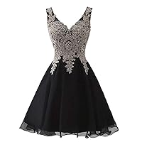VeraQueen Women's Short Tulle Beaded Homecoming Dress A Line Sleveless Ball Gown Black