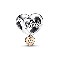 PANDORA Love You Sister Sterling Silver 14K Rose Gold Plated Alloy Heart Charm - Compatible with PANDORA Moments Bracelets, Silver/Rose Gold, No Gemstone