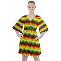 CowCow Womens Boho Button Up Dress Marijuana Cannabis Leaf Marihuana Rasta Dashiki V-Neck Flare Sleeve Mini Dress