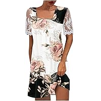 Women Lace Mesh Short Sleeve Square Neck Tunic Dress Fashion Floral Print Pleated Front Casual Dressy T-Shirt Dress