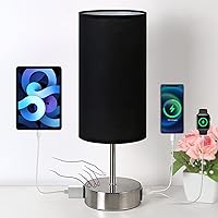 【Upgraded Bedside Lamp with USB A+C Charging Ports & AC Outlet Touch Control Table Lamp for Bedroom 3 Way Dimmable Nightstand Lamp with Black Shade for Home,Office, Dorm(Bulb Included)