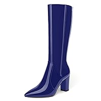 Womens Zip Pointed Toe Fashion Dating Solid Patent Chunky High Heel Knee High Boots 3.3 Inch