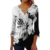 Womens Tops Dressy Casual Hide Belly Tunic Tops Flowy Bell 3/4 Sleeve Blouses Loose Fit Boho Floral Button Down Henley Shirts