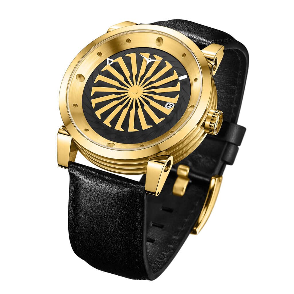 ZINVO Blade Herren Luxus-Uhr mit Automatik-Uhrwerk, schwarzes Lederband, und Gelbgold