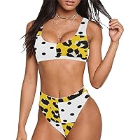 Sport Top & High-Waisted Bikini Swimsuit Women Polka Dot Yellow Swimwear