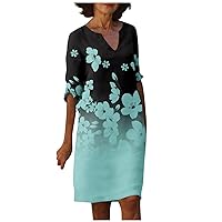 Classic Mother's Day Short Sleeve Tunic Dress Ladies Party Shift Button Thin for Women Cool Print Comfort Green 3XL