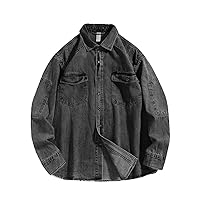 Denim Cotton Men' Shirt Long Sleeve Drop Shoulder Button Pockets Cowboy Loose Casual Work Jeans Shirts