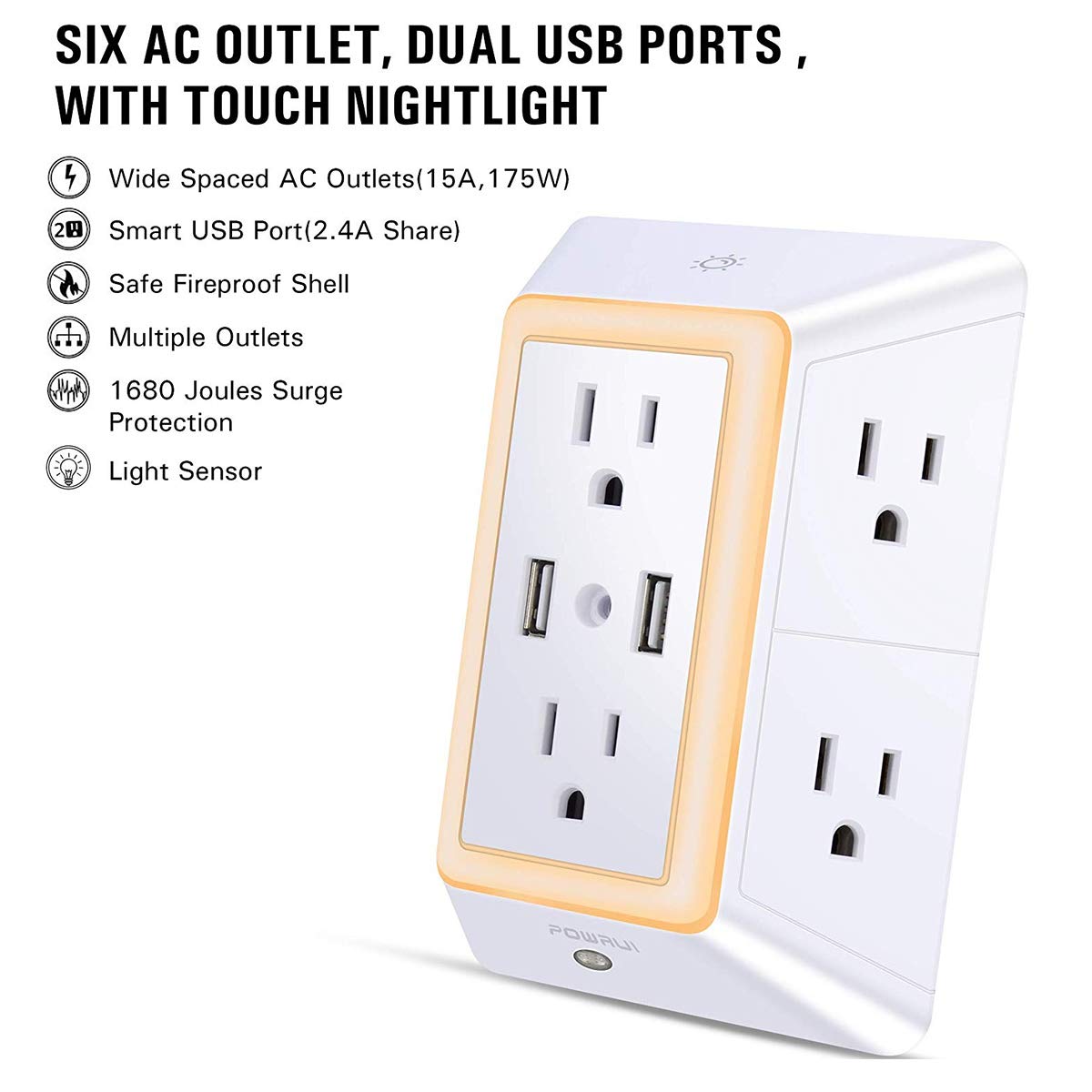 USB Wall Charger, Surge Protector, POWRUI 6-Outlet Extender with 2 USB Charging Ports (2.4A Total) and Night Light, 3-Sided Power Strip with Adapter Spaced Outlets - White，ETL Listed
