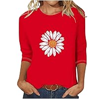 3/4 Sleeve Tops for Women Summer Cute Sunflower Print Tshirt Dressy Casual Crewneck Blouses Plus Size Aesthetic Cotton Tees