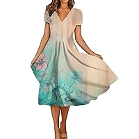 Summer Dresses for Women V Neck Flowy Maxi Dress Elegant Trendy Short Sleeves Sundresses Floral Print Beach Dress