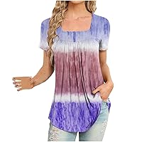 Summer Tops for Women Square Neck Pleated Front T Shirts Casual Short Sleeve Loose Tunic Tee Curved Hem Blouse