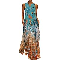 Maxi Dresses for Women 2024 Dress V Neck Sleeveless Long Split Hem Kaftan Women’s Printed Baggy Womens