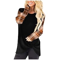 Women's Christmas Blouses 2023 Casual Plaid Printed Long Sleeve Round Neck Twisted T-Shirt Top Blouses, S-3XL
