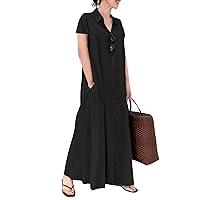 Women Cotton Button Down Elegant Casual Long Cardigan Spring Short Sleeve Maxi Dress Cover Ups Shirt Loose Dresses