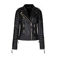Womens Quilted Brando Black Double Zipper Motorcycle Real Leather Biker Jacket