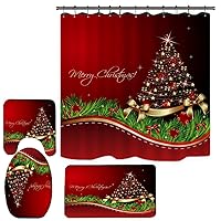 4pcs Merry Christmas Shower Curtain Sets,Waterproof Bath Curtain with 12 Hooks,Base Mat,Toilet Mat,Floor Mat,Bathroom Set