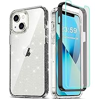 COOLQO Compatible for iPhone 13/iPhone 14 Case, with [2 x Tempered Glass Screen Protector] Clear Glitter Sparkle 360 Full Body Coverage Silicone 3in1 Shockproof Protective Phone Cover Black