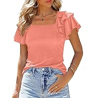 TAKEYAL Womens Ruffle Tops Summer Short Sleeve Square Neck T Shirts Casual Cute Trendy Dressy Tees Slim Fit Blouses 2024