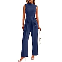 Womens Overall Jumpsuits Summer Sleeveless Ruched Round Neck Flared Wide Leg Pants Rompers with Pockets